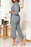 Khaki Fashion Casual Solid Basic V Neck Regular Jumpsuits