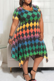 Multicolor Casual Print Patchwork Asymmetrical O Neck A Line Plus Size Dresses