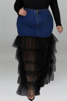 Deep Blue Fashion Solid Patchwork Flounce Plus Size(The Stitching On The Skirt Is Yellow)