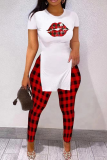 Red Casual Print Slit Letter O Neck Long Sleeve Two Pieces
