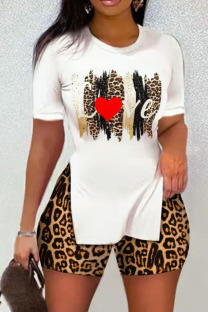 Brown Casual Print Patchwork Slit O Neck Short Sleeve Two Pieces