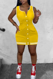 Yellow Sexy Solid Split Joint Buckle U Neck Pencil Skirt Dresses