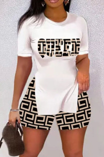 White Casual Print Patchwork Slit O Neck Short Sleeve Two Pieces