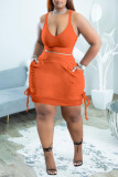 Tangerine Red Casual Solid Bandage Split Joint Spaghetti Strap Plus Size Two Pieces