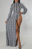 Black And White Casual Print Asymmetrical Half A Turtleneck Long Sleeve Two Pieces