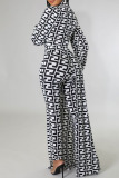 Black And White Casual Print Asymmetrical Half A Turtleneck Long Sleeve Two Pieces