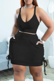 Black Casual Solid Bandage Split Joint Spaghetti Strap Plus Size Two Pieces