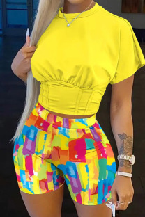 Yellow Casual Print Patchwork O Neck Short Sleeve Two Pieces