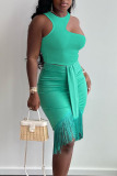 Green Sexy Solid Tassel Split Joint Asymmetrical O Neck Sleeveless Two Pieces