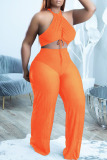 Tangerine Red Sexy Solid Split Joint Halter Sleeveless Two Pieces