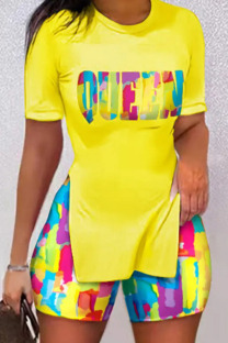 Yellow Casual Print Patchwork Slit O Neck Short Sleeve Two Pieces