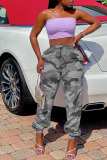 Grey Pink Elastic Fly Mid camouflage Straight Pants Bottoms
