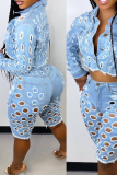 Blue Casual Solid Hollowed Out Turndown Collar Long Sleeve Two Pieces