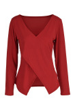 Red Fashion Casual Solid Split Joint V Neck Tops