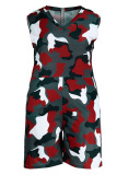 Red Casual Print Camouflage Print Split Joint V Neck Plus Size Jumpsuits