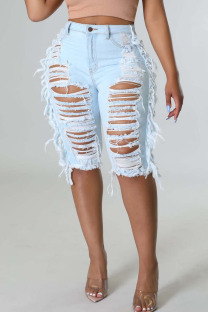 Baby Blue Sexy Street Solid Ripped Hollowed Out Make Old Split Joint High Waist Denim Shorts