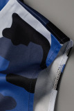 Blue Casual Print Camouflage Print Split Joint V Neck Plus Size Jumpsuits