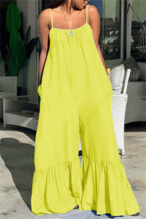 Yellow Fashion Casual Solid Split Joint Backless Spaghetti Strap Plus Size Jumpsuits