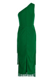 Green Fashion Solid Tassel Patchwork One Shoulder Sleeveless Dress