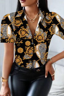 Black Gold Fashion Casual Print Split Joint Turndown Collar Tops