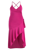 Pink Fashion Sexy Solid Backless Asymmetrical Halter Sling Dress Plus Size Dresses
