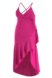 Pink Fashion Sexy Solid Backless Asymmetrical Halter Sling Dress Plus Size Dresses