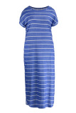 Blue Fashion Casual Plus Size Striped Print Basic O Neck Short Sleeve Dress