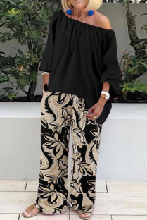 Black Casual Print Split Joint One Shoulder Half Sleeve Two Pieces