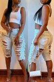 Baby Blue Sexy Street Solid Ripped Hollowed Out Make Old Patchwork High Waist Denim Shorts