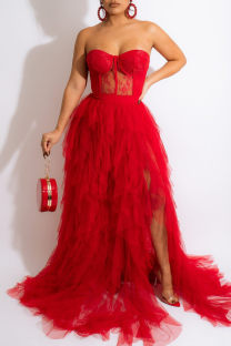Red Sexy Plus Size Solid Split Joint See-through Backless Strapless Evening Dress