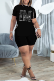Black Fashion Print Hot Drill O Neck Short Sleeve Two Pieces