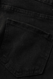 Black Fashion Casual Solid Tassel Bandage Hollowed Out High Waist Regular Denim Jeans