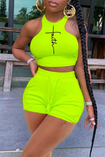 Fluorescent Green Sexy Print Split Joint O Neck Sleeveless Two Pieces