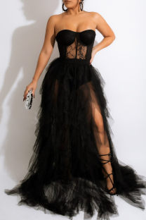 Black Sexy Plus Size Solid Patchwork See-through Backless Strapless Evening Dress