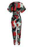 Red Casual Print Camouflage Print Hollowed Out Patchwork O Neck Short Sleeve Two Pieces
