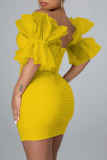 Yellow Sexy Solid Mesh Off the Shoulder Pencil Skirt Dresses