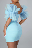 Baby Blue Sexy Solid Mesh Off the Shoulder Pencil Skirt Dresses
