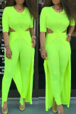 Fluorescent Green Fashion Casual Solid Hollowed Out Split Joint O Neck Short Sleeve Two Pieces