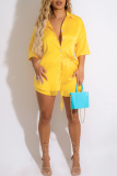 Yellow Fashion Casual Solid Basic Turndown Collar Short Sleeve Two Pieces