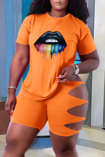Orange Fashion Casual Lips Printed Ripped Hollowed Out O Neck Plus Size Two Pieces