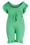 Light Green Casual Solid Patchwork Flounce O Neck Plus Size Jumpsuits