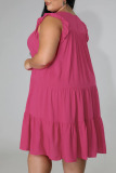 Rose Red Casual Solid Patchwork O Neck A Line Plus Size Dresses