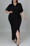 Black Fashion Casual Solid Patchwork V Neck Short Sleeve Dress Plus Size Dresses