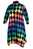 Colour Casual Print Patchwork Buckle Asymmetrical Turndown Collar A Line Plus Size Dresses