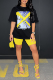 Yellow Casual Street Print Split Joint O Neck Short Sleeve Two Pieces