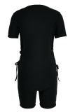 Black Fashion Hot Drilling Draw String O Neck Short Sleeve Two Pieces