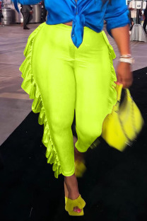 Fluorescent Yellow Casual Solid Split Joint Flounce High Waist Pencil Solid Color Bottoms