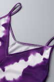 Purple Casual Print Split Joint Spaghetti Strap Loose Jumpsuits