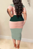 Green Casual Striped Print Bandage Patchwork O Neck One Step Skirt Plus Size Dresses