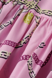 Pink Casual Print Split Joint O Neck Cake Skirt Dresses